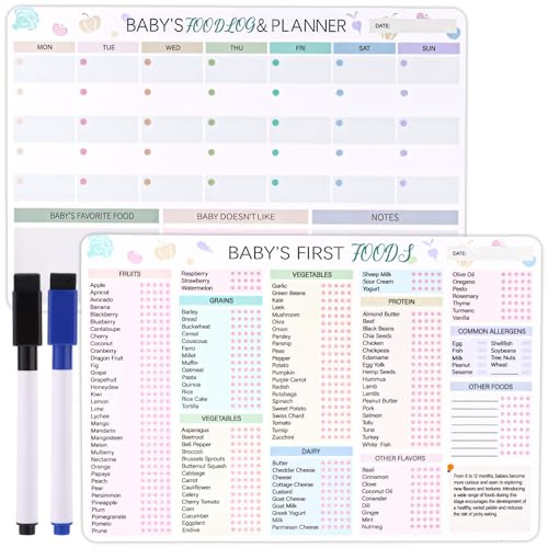 Gosknor Baby First Foods Tracker Kylskåpsmagnet, 30x20cm 2st Magnetisk Checklista för Babymat och Daglig Matlogg Måltidsplanerare Torrradering Babymatlista Affisch för Nyblivna Föräldrar Barnvakt