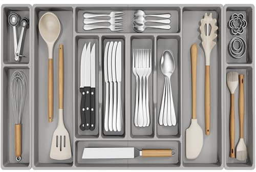 Lifewit Bandeja para Cubiertos Cocina, 81.6 × 42 cm Organizador Cubiertos, para Cajón de 90 cm, Soporte Extraíble para Utensilios, Accesorios Cocina para Cuchara, Cuchillo, Tenedor, Gris