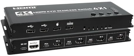4K HDMI KVM Switch 4x1 Quad Multi Viewer 4 in 1 Out KVM HDMI Processor Screen Multiviewer Seamless for 4 PC Share Mouse Keyboard