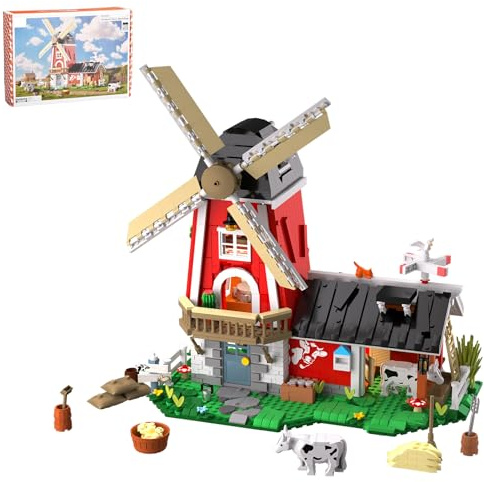 ONITUOFO Windmill Farm Building Set for Adult,Farm House Model Blocks with Light and Cow Animals Construction Toy,Brick Kit Gift for Teens Boys Girls 8+（1310 PCS）