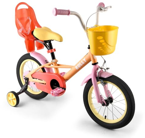 RULLY 16 Zoll rosa Kinderfahrrad für Mädchen 4–7 Jahre (41–53 cm) – Kinderfahrrad mit Puppensitz, Stützrädern und Regenbogen-Look.