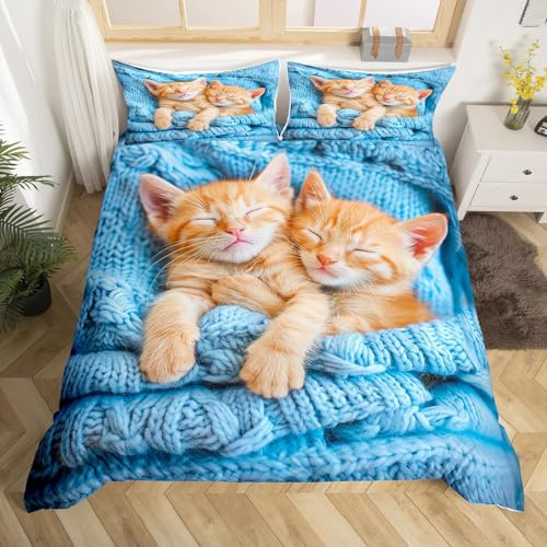 Loussiesd Katzen-Bettwäsche-Set, Tier-Motiv, Bettbezug, 140 x 200 cm, niedliches Kätzchen, bedruckt, für Kinder, Jungen, Mädchen, Jugendliche, Thema, Tiere, Bettwäsche, Geschenk für Katzenliebhaber