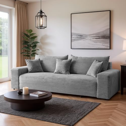 SOFILAND Cordo Schlafsofa 265×150 cm mit Bettkasten – Cord Sofa TILIA Breitcord, SoftTouch Komfort, 3-Sitzer Couch, abnehmbare Kissen, Easy Clean & Pet Friendly (Hellgrau)