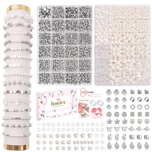 JHWELRG Selber Machen Perlen für Armbänder, Erwachsene Pearl zum Auffädeln für Beads for Jewellery Making Schaffung,Silber Perlen Set Schmuck Benutzt für Weihnachten, Partys, Ostern, Feiertage