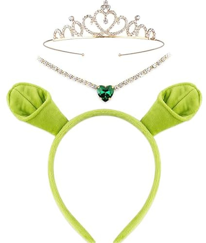 ELYIQI 3PCS Kostüm, Ohren Stirnband Mit Goldener Krone und Halskette, für Cosplay Verkleidungsparty, Halloween und Themenfeste, Komfort und Haltbarkeit (Grün)