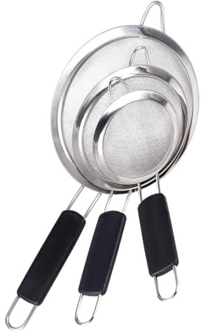 TOBBOMEY Lot de 3 Tamis à Farine en Acier Inoxydable Mailles Fines Poignées Noires Doubles Tailles 8 CM 12 CM 20 CM Passoire à Friture Manuelle Ustensiles la Cuisine Professionnel