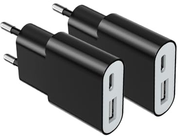 USB Ladegerät 5W Slim Ladestecker Netzteil 5V 1A 2Port USB C+ USB A Netzstecker Adapter, Steckdosenadapter für iPhone, eBook Reader, Xperia, MP3, Smartphone (Thickness 1.6cm/2packs/Schwarz)