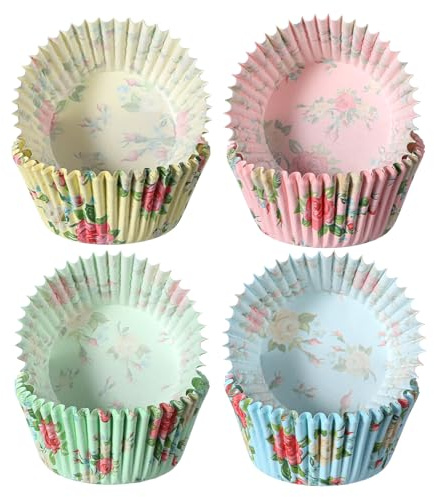 100PCS Fancy Standard Floral Cupcake Cases Liners Cute Spring Rose Flower Cupcake Wrappers Set, Food Grade Muffin Cups Paper Baking Liner in 4 Vibrant Colors for Elegant Desserts Party Celebrations
