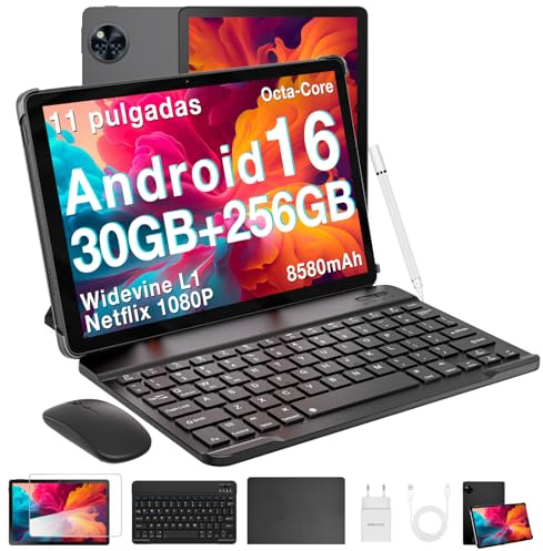 POPUX U11PRO Android 16 Tablet con Teclado con Gemini AI, 30GB+256GB/2TB TF Tablets 11 Pulgadas, T7200 Tablet Infantil, Batería 8580mAh/90Hz/WiFi 5/13MP+5MP Tablet con Lápiz, Ratón y Funda