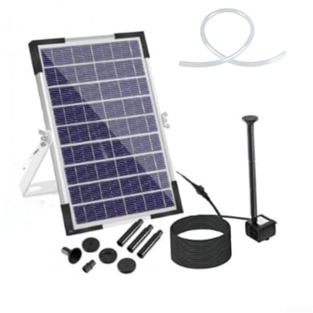Bomba solar para estanque de 5 W, 9 V, con panel de cristal, fuente para estanque de jardín y baño de pájaros, flujo de 190L/H, 7 boquillas, color negro