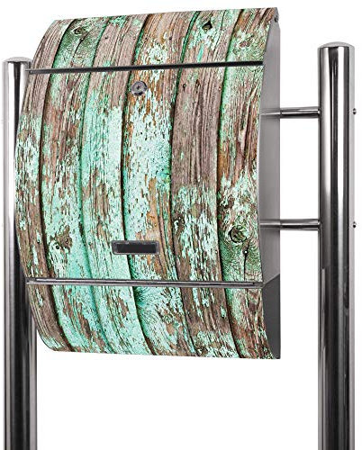 banjado® Standbriefkasten Edelstahl mit Zeitungsfach Motiv Verwittertes Holz/Briefkasten mit Standfuß/Edelstahl Briefkasten freistehend - A4 Einwurf inkl. 2 Schlüssel