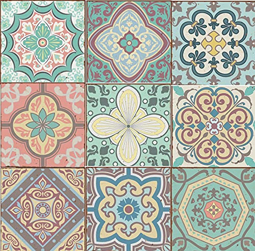 LPS Pack of 9 Mixed Pastel Tile Stickers Victorian Moroccan Retro Traditional Style Mosaic Style self-Adhesive Wall Art Decor transfers- Bathroom Kitchen splashbacks Floral Decal Peel Stick 15x15cm