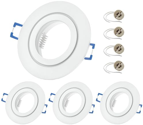 Sweet Led 4x Einbaurahmen Bad für Einbaustrahler 230V IP44, Aluminium Weiß matt rund, mit GU10 Keramik Fassung, Deckenspots Rahmen fürs Badezimmer – passend für LED Spots