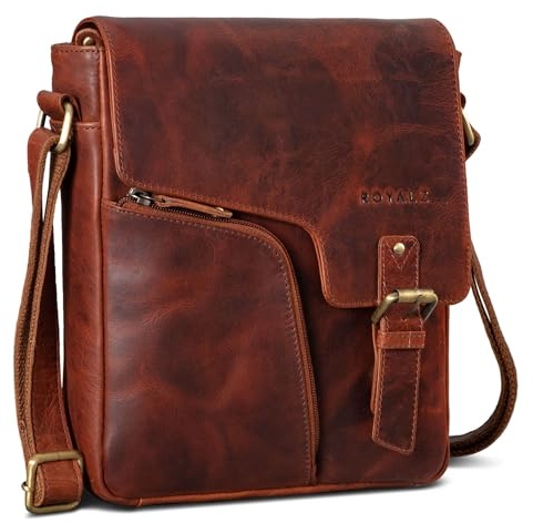 ROYALZ Denver Moderne Vintage Umhängetasche Herren klein Leder - kleine Schultertasche aus Echtleder für Alltag Freizeit Ausflüge - Ledertasche zum Umhängen;Farbe:Montana Braun