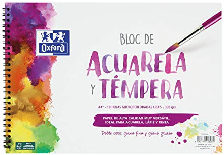 Oxford Blocco acquerello e tempera scolastica A4+ copertina morbida/controstrato rigido, 10 fogli da 300 g, con spirale