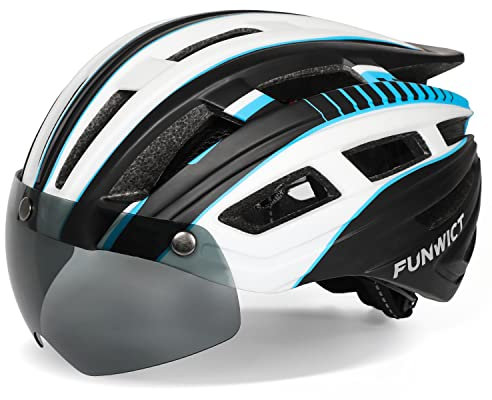 FUNWICT Fahrradhelm Herren Damen Helm Fahrrad mit Abnehmbarer Magnetische Brille und Innenfutter LED-Rücklicht Fahrradhelm mit Visier zum Radfahren (Blackwhite)