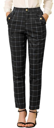 Allegra K Pantalon à Carreaux Tartan Vintage pour Femmes, Taille élastique, Pantalons Longs Droits Noir M