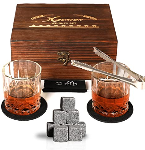 Whiskey Stones Gift Set for Men Dad Father’s Day Whiskey Glasses Set 2 Bourbon Glasses 8 Granite Chilling Rocks with Tongs Perfect for House Warming Anniversary Birthday for Men