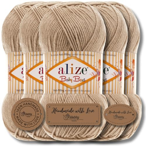 Hobby YARN 3x Etikettenlabel mit Alize Baby Best Wolle Premium 5x100g als Set | Antipilling Babywolle Acryl Uni & Batik Strickgarn zum Häkeln und Stricken (Beige | 256)