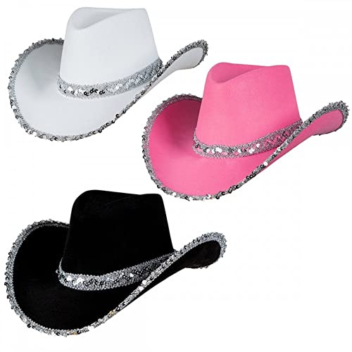 A2ZFD Ladies Sequin Cowboy Hat 3 Pack (Pink, White & Black) – Sparkly Cowgirl Fancy Dress Hats for Women | Hen Party, Halloween, Western, Bachelorette & Festival Costume Accessories