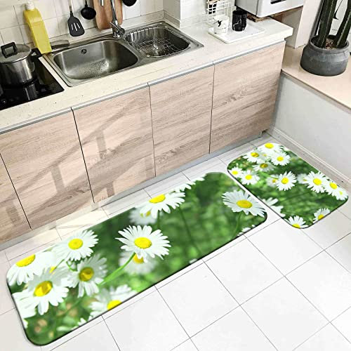 Banemi Teppich Waschbar, Teppich Küche Kitchen Weiß Gelb Grün Gänseblümchen Muster 40X60cm+40X120cm Heimtextilien