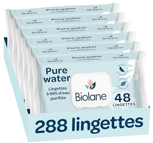 BIOLANE - Lingettes bébé nettoyantes Pure Water - Lot de 6x48 (288 Lingettes) - 99% d'eau Purifiée - Nettoie et protège - Corps et siège - Peaux Sensibles - Dès la naissance