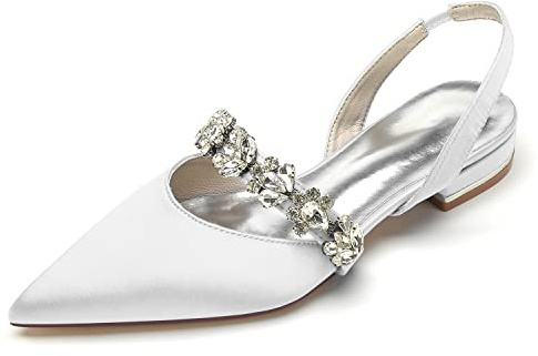 Scarpe da Sposa da Donna per la Sposa Ballerine in Raso Ballerine Corte Sandali Eleganti Tacchi Bassi Strass Scarpe da Sera da Sera per Feste da Ballo Décolleté,Bianca,40 EU