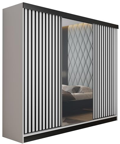KIER FURNITURE Schränke für Stauraum - Malani 200 - Kleiderschrank - Schiebetürenschrank - Eleganter Kleiderschrank Schrank Garderobe - Schrank für schlafzimmer - Weiß & Eiche Craft Gold 200x205x59 cm