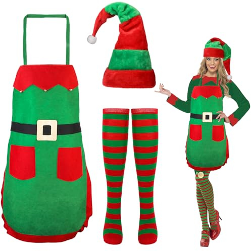 Hifot Weihnachtself Kostüm Damen: Elfen Kostüm Wichtelmütze Schürze Weihnachten Strümpfe Cosplay Fasching Kostümparty, Grün