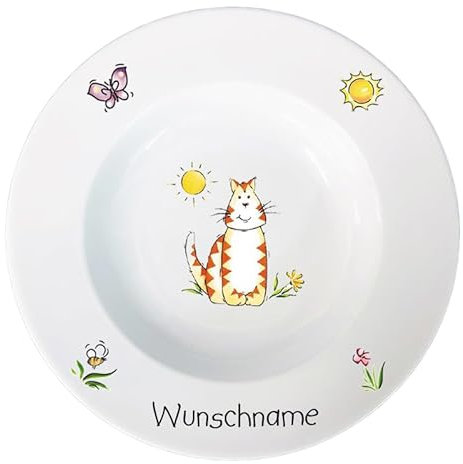 Doriantrade Suppenteller 22cm Kinderteller Teller Porzellan personalisierbar mit Wunschname Name Kindergeschirr mit Namen personalisiert (Katze)