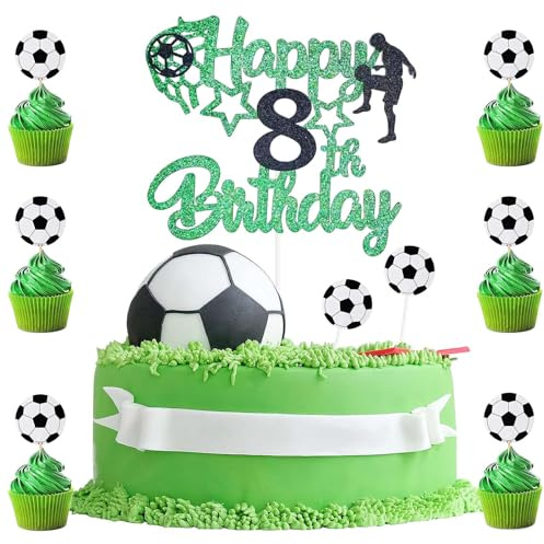 BIGJIYU 9pcs Happy Birthday Cake Topper Football,Personalised 8th Topper,1 Double Sided Glitter with 8 Soccer Cupcake Decorations for Kids Boys Sports Party Supplies Decor