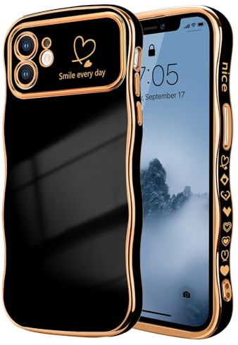 LCHULLE Kompatibel med iPhone 12, mobilskal, kärlekshjärta, flicka, fodral, vågor, lockig form med upphöjt kameraskydd, lyxigt, galvaniserat skyddshölje, flickfodral för iPhone 12, svart