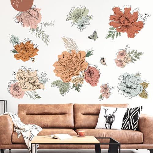 decalmile Boho vintage stor blomma väggdekaler bohemisk retro blommig sol fjäril väggklistermärken vardagsrum sovrum kontor väggdekor
