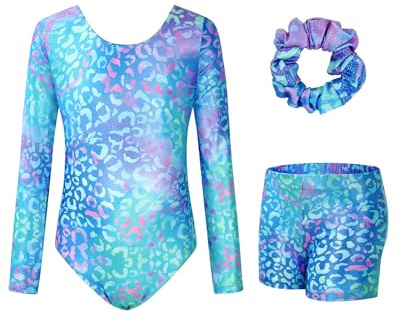 JiAmy Gymnastikdräkt för flickor, långärmad, glittrig atletisk leotard med shorts, 3–12 år, Blå leopard, 9-10 Years