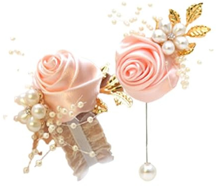 Hrlace Boutonniere und Handgelenksblume 2 Stück Rosen Handgelenk Korsage Braut Handgelenk Blume Blumenarmband Handgelenk Corsage Bräutigam Boutonniere für Hochzeiten, Abschlussbälle, Party Gold