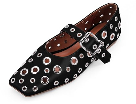 Odetina Ballerinas für Damen, Metallösen, Schnalle, perforiert, Nieten, Mary Jane, Schwarz, 42 EU