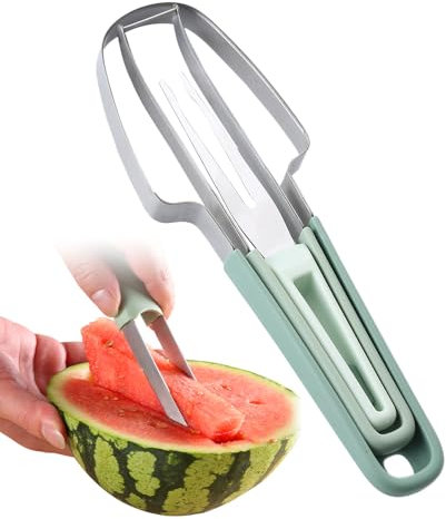 Wassermelonengabel Schneidewerkzeug,3-in-1 Obstschneider aus Edelstahl Doppelkopf-Obstgabeln-Schneidemesser mit rundem Griff, Sommer Wassermelonen-Fruchtschneidegabel (Grün)