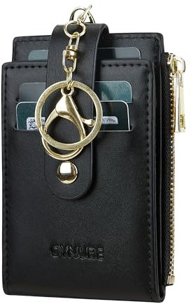 Cynure Damen & Herren Leder RFID Blocking Kartenhalter Slim Small Zipper Keychain Fronttasche Geldbörse mit 2 ID Fenster, 1-Plain Black