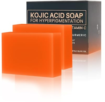Kojisäure-Seife, Kurkuma Seifenstück, Natural Skin Lightening Kojic Acid Soap 2 Bars x 100 g Sanfte Seife Entfernen Dunkler Flecken Hyperpigmentierung für Gesicht und Körper Badeseife (2)