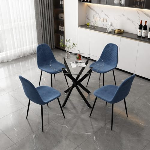 GOLDFAN Esstisch mit 4 Stühlen Runder Glas 90cm Tisch Esszimmerstuhl aus Samt, Esszimmertische für Küchen Esszimmer Wohnzimmer, Blau