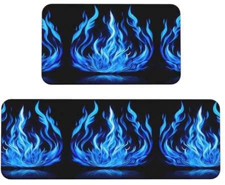 YQxwJL Indigo-Flammen-Druck, Küchenteppich, rutschfeste Küchenmatte, 2er-Set, bequeme Stehmatten für Küche, Büro