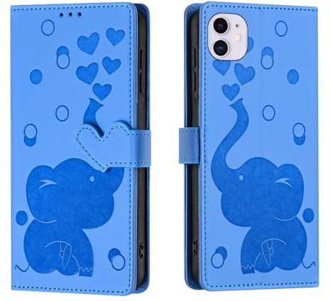 Wuhaizher for iPhone 12 Case iPhone 12 Pro Case Elephant Love Heart Shockproof Leather Flip Wallet Phone Case for Kids Girls with Card Holder Stand Magnetic Cover for iPhone 12/12 Pro, Blue