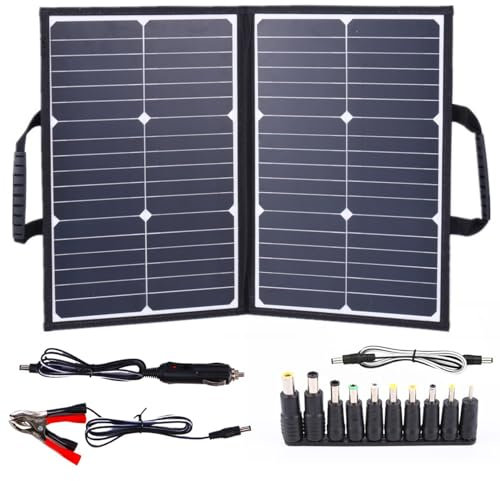 BommFu Kit de paneles solares portátiles | Cargador solar plegable de 60 W con abrazadera de batería y cable de CC | Kit de placa solar para camping, vehículos recreativos, marinos, cámara con 2