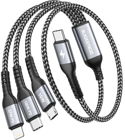 BLACKSYNCZE 100W USB C Multi Ladekabel [50CM] 3 in 1 Ladekabel mit E-Mark Chip USB C auf Type C[100W]+Lightning[27W]+Micro[10W] für iPhone 16/15/14/13, Galaxy S24/S23, MacBook Pro/Air, Pad Pro, LG