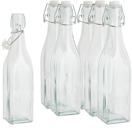VBS Bouteille en verre avec fermeture à étrier, carrée, 500 ml, 6 pièces, conservation idéale, étanche à l'air, réutilisable, écologique, bouteilles en verre pratiques