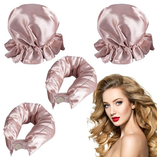 4 Stück Satin Heatless Hair Curler, Stirnband Lockenwickler, Lockenwickler über Nacht mit Haarkappen, Heatless Curls Große Locken mit Haarnadel Rutschfest, für Mittleres Langes Haar (Rosa)