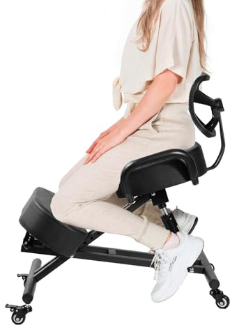 Ergonomic Kneeling Chair, Lumbar Support Kneeling Chair with Adjustable Height and Footrest for Desk Work for Home and Work, Improve Your Postures, 4 Thick Comfortable Cushions, Locking Wheels