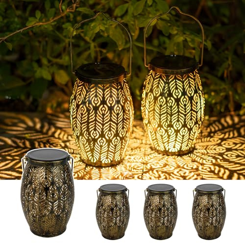 JOYCREATOR LED-solcellslykta för utomhusbruk, 4 stycken, metall sollyktor för utomhusbruk, hängande vintage, IP65 vattentäta sollampor för utomhusbruk, trädgård, för utomhus, veranda, bord, uteplats,