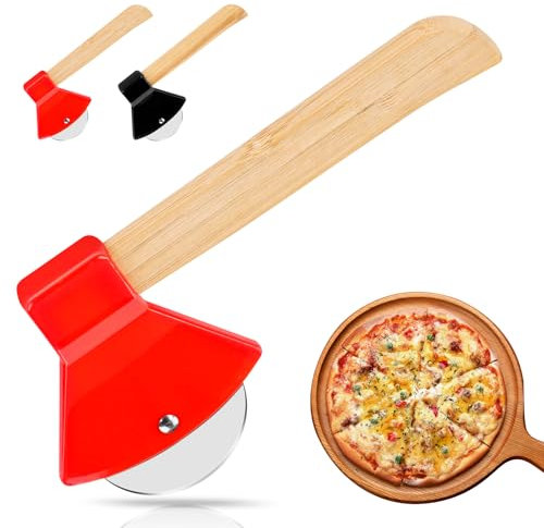 2 Stück Pizzaschneider Pizzaroller, Lustig Pizzarad Axt Pizza Cutter, Pizzaroller mit Holzgriff, Küchenhelfer Pizzarad, Pizza Wheel with Blade