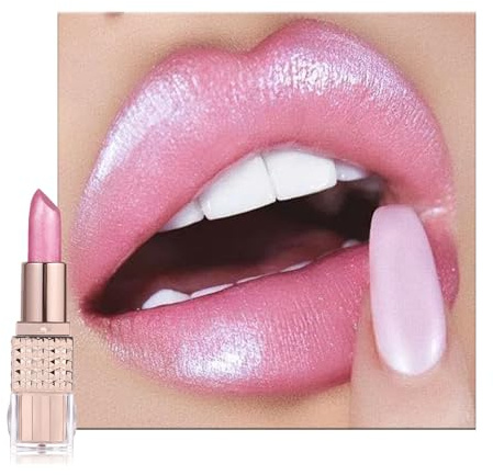 Shimmers Pearl Lipstick, Glitter Metallic Pink Lip Balm for Women, Silky Smooth Full-Coverage Longlasting Pearlescent Tinted Lipsticks